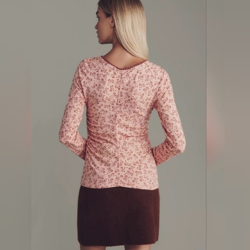 Maeve Bow Print V-Neck Top, Size M - Picture 2 of 4